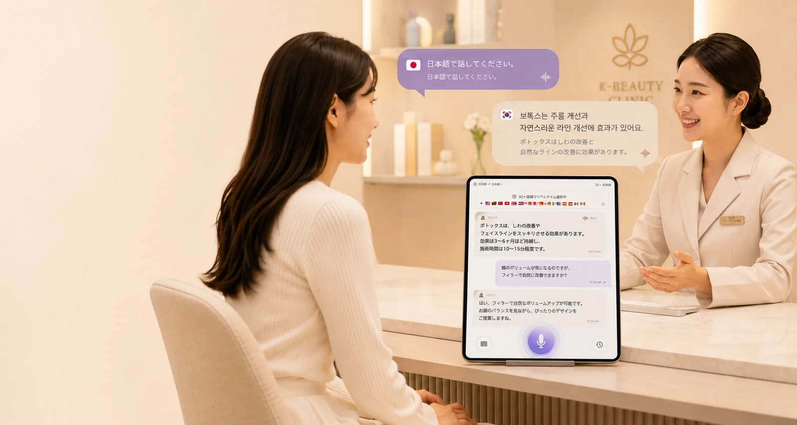 성형·피부과에서 외국인 환자와 한국인 상담사가 K뷰티톡 AI 통역 태블릿으로 상담하는 모습
